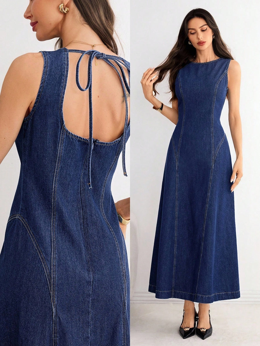 Tie-Back Denim Midi Dress – Blue Dress Full Length – Glossia Fashion