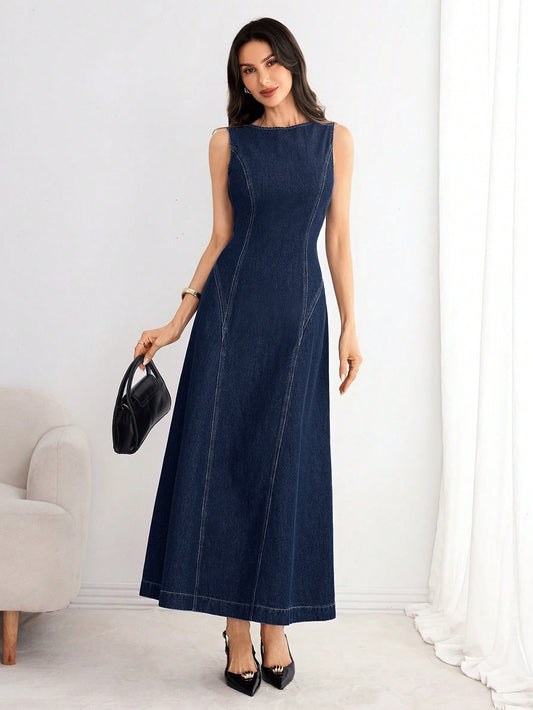 Tie-Back Denim Midi Dress – Navy Blue Dress Front View – Glossia Fashion