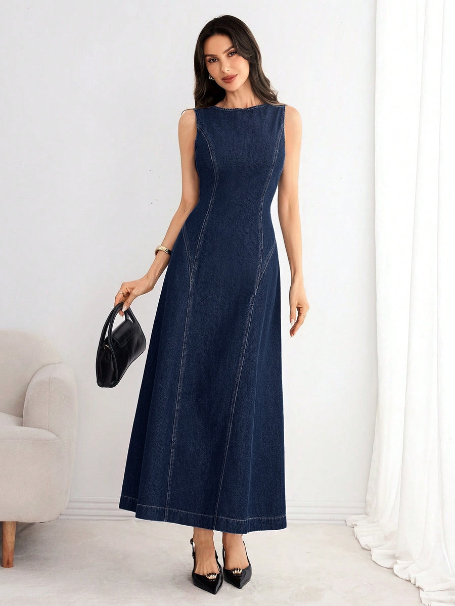 Tie-Back Denim Midi Dress – Navy Blue Dress Front View – Glossia Fashion