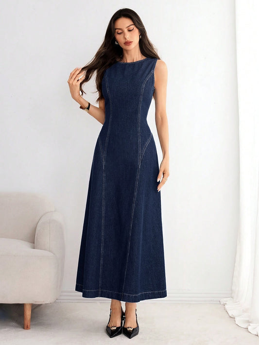 Tie-Back Denim Midi Dress – Navy Blue Dress – Glossia Fashion