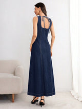 Tie-Back Denim Midi Dress – Navy Blue Dress Side View – Glossia Fashion