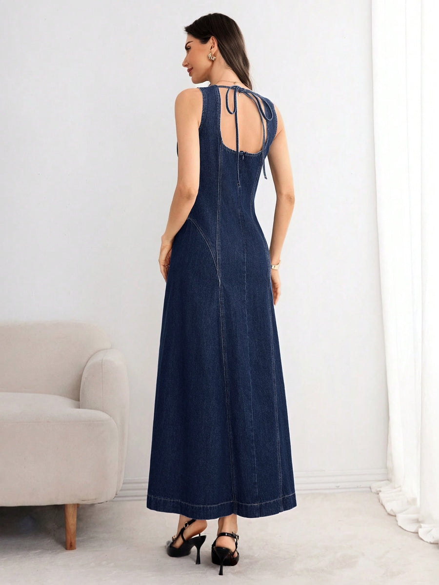 Tie-Back Denim Midi Dress – Navy Blue Dress Side View – Glossia Fashion