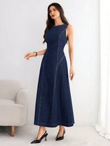 Tie-Back Denim Midi Dress – Navy Blue Dress Back View – Glossia Fashion