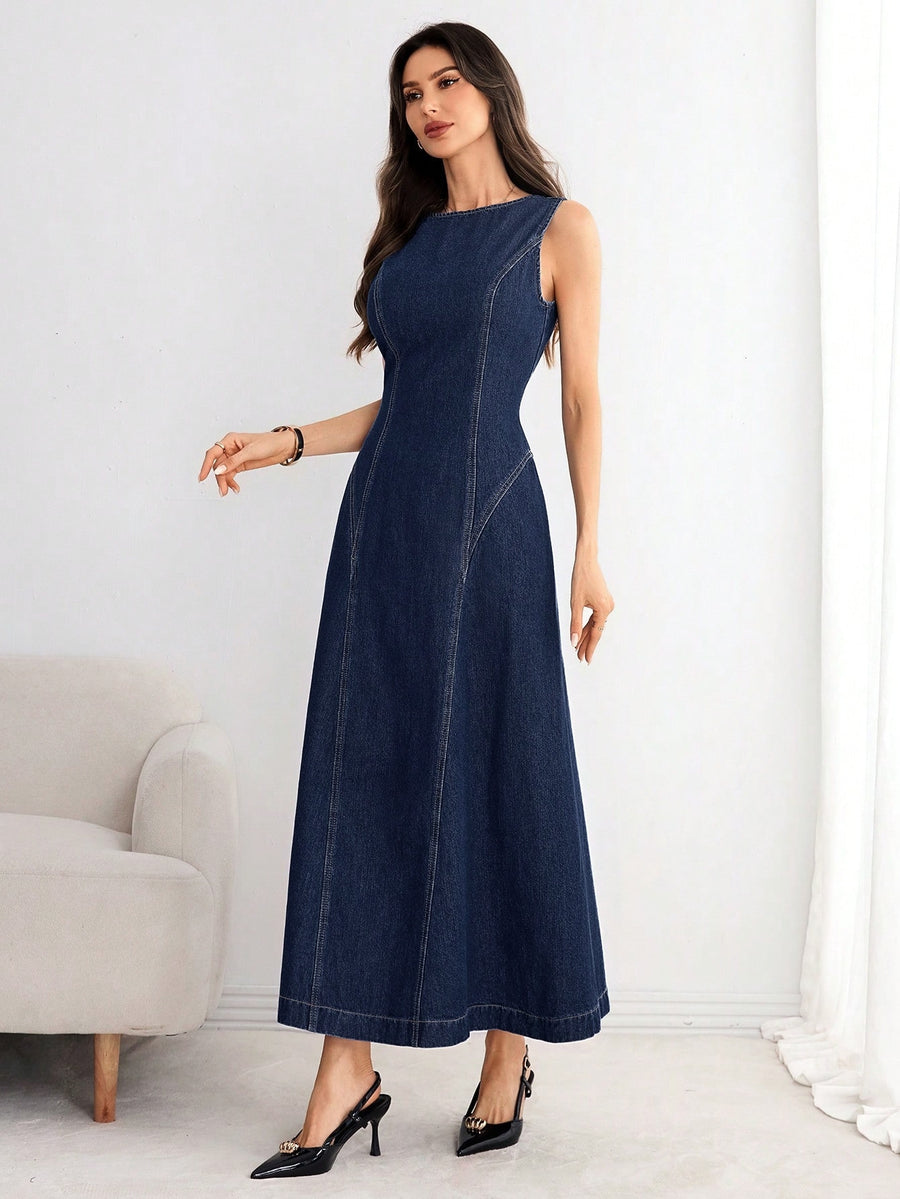 Tie-Back Denim Midi Dress – Navy Blue Dress Back View – Glossia Fashion