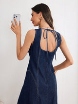 Tie-Back Denim Midi Dress – Navy Blue Dress Model View – Glossia Fashion