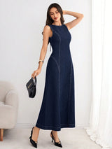Tie-Back Denim Midi Dress – Navy Blue Dress Style View – Glossia Fashion