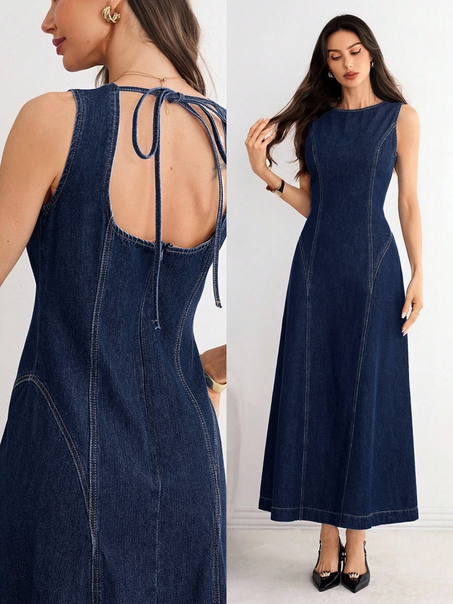 Tie-Back Denim Midi Dress – Navy Blue Dress Full Length – Glossia Fashion