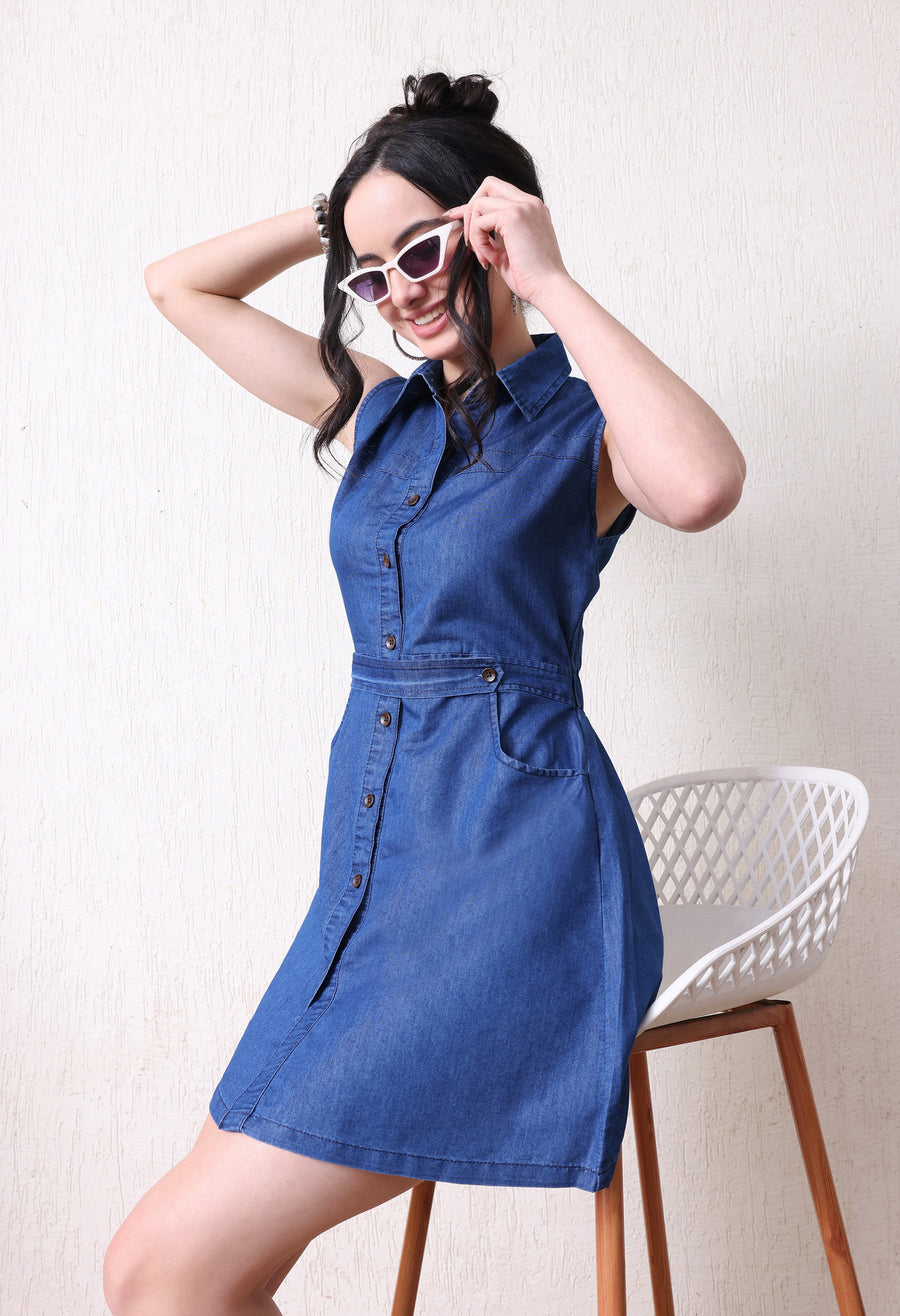 Summer Ready Pop Dress – Blue Dress Model View – Glossia Fashion