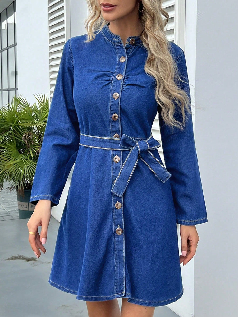 Sculpted Denim Tie-Front Dress
