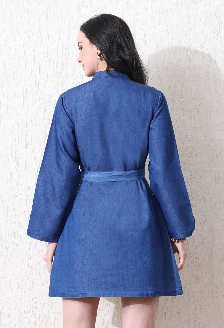Sculpted Denim Tie-Front Dress – Blue Dress Back View – Glossia Fashion