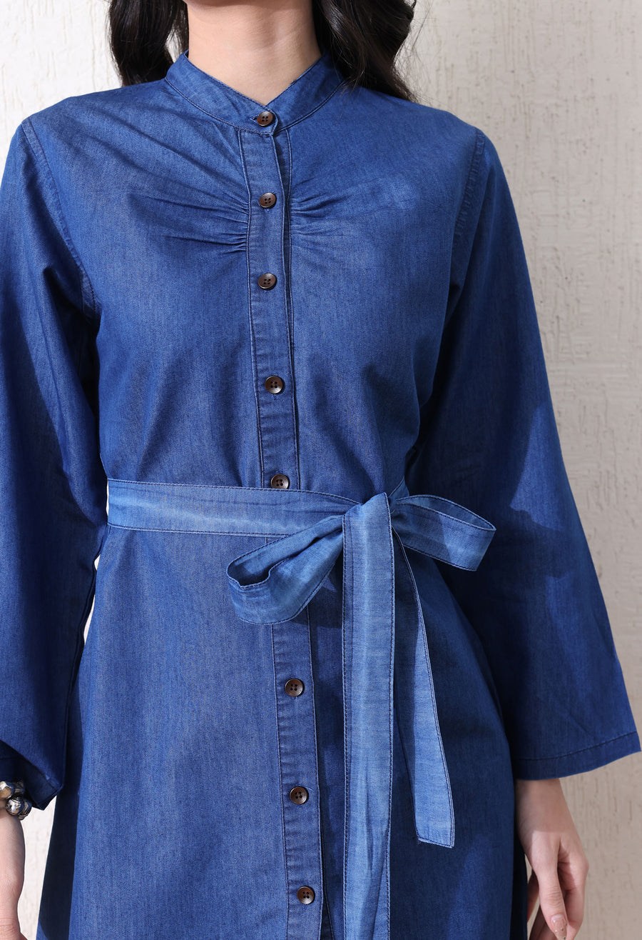 Sculpted Denim Tie-Front Dress – Blue Dress Model View – Glossia Fashion