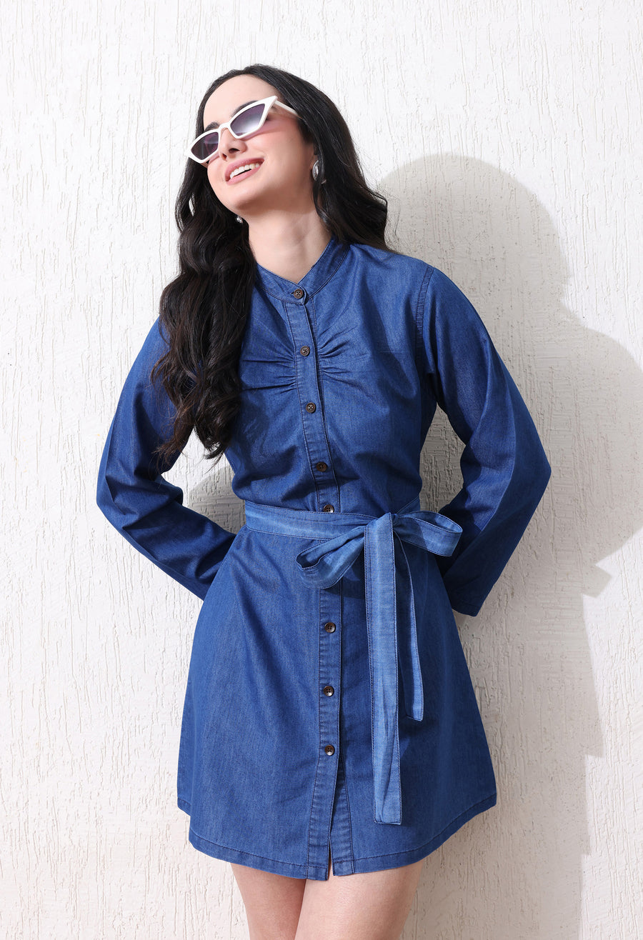 Sculpted Denim Tie-Front Dress – Blue Dress Style View – Glossia Fashion