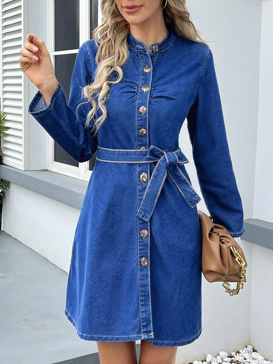 Sculpted Denim Tie-Front Dress