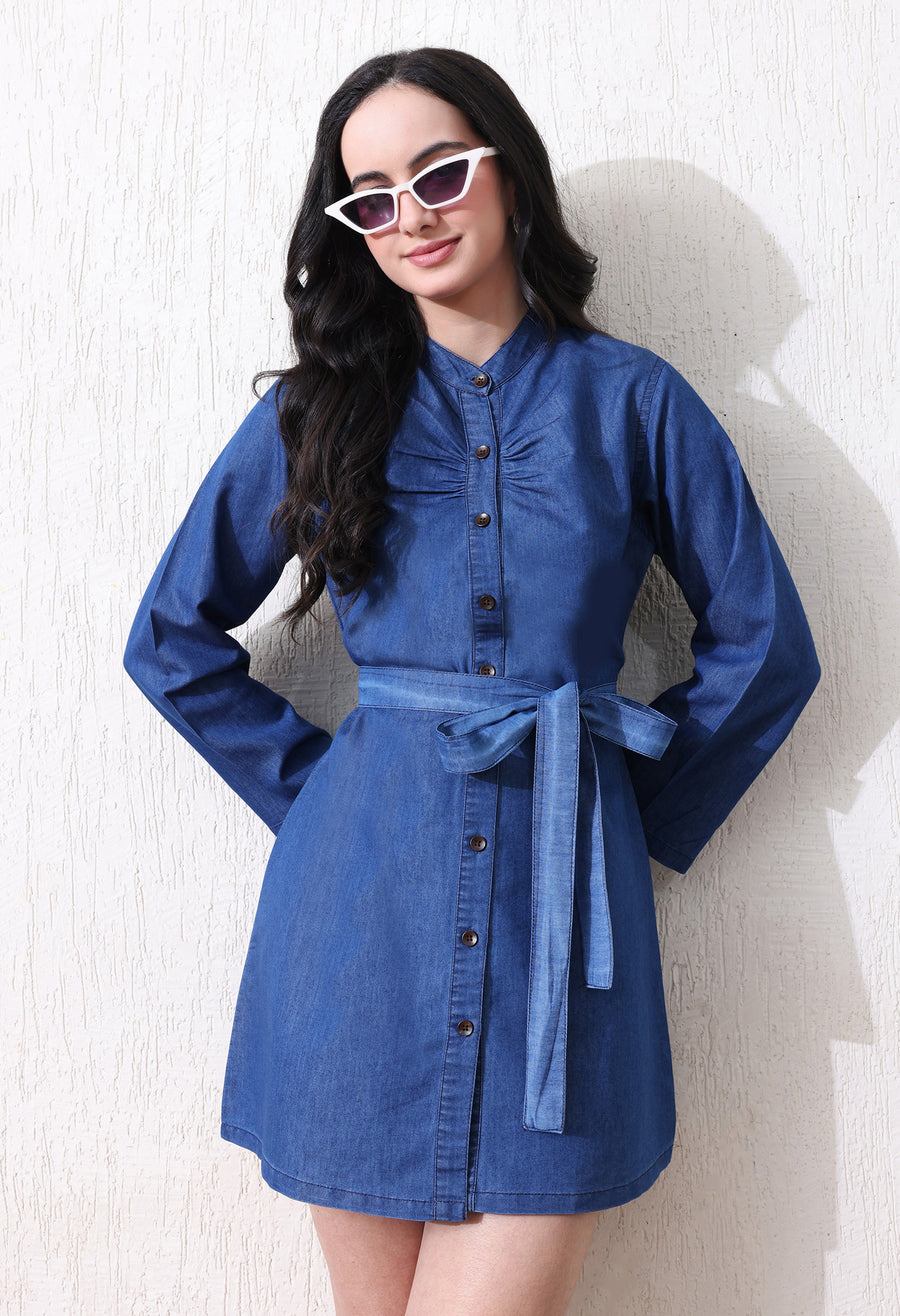 Sculpted Denim Tie-Front Dress – Blue Dress Detail View – Glossia Fashion