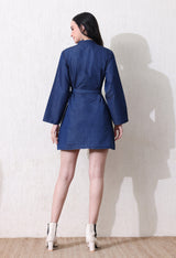 Sculpted Denim Tie-Front Dress – Navy Blue Dress Back View – Glossia Fashion