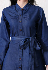 Sculpted Denim Tie-Front Dress – Navy Blue Dress Detail View – Glossia Fashion