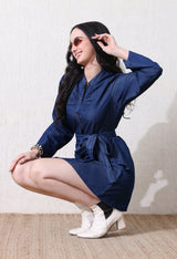 Sculpted Denim Tie-Front Dress – Navy Blue Dress Model View – Glossia Fashion