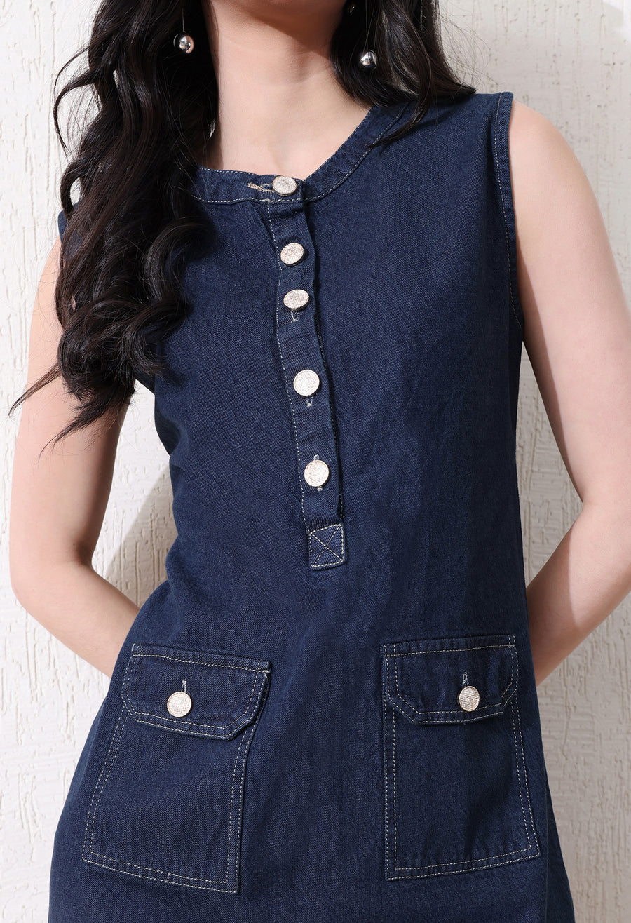 The Pocket Edit Denim Midi – Navy Blue Denim Jeans Style View – Glossia Fashion