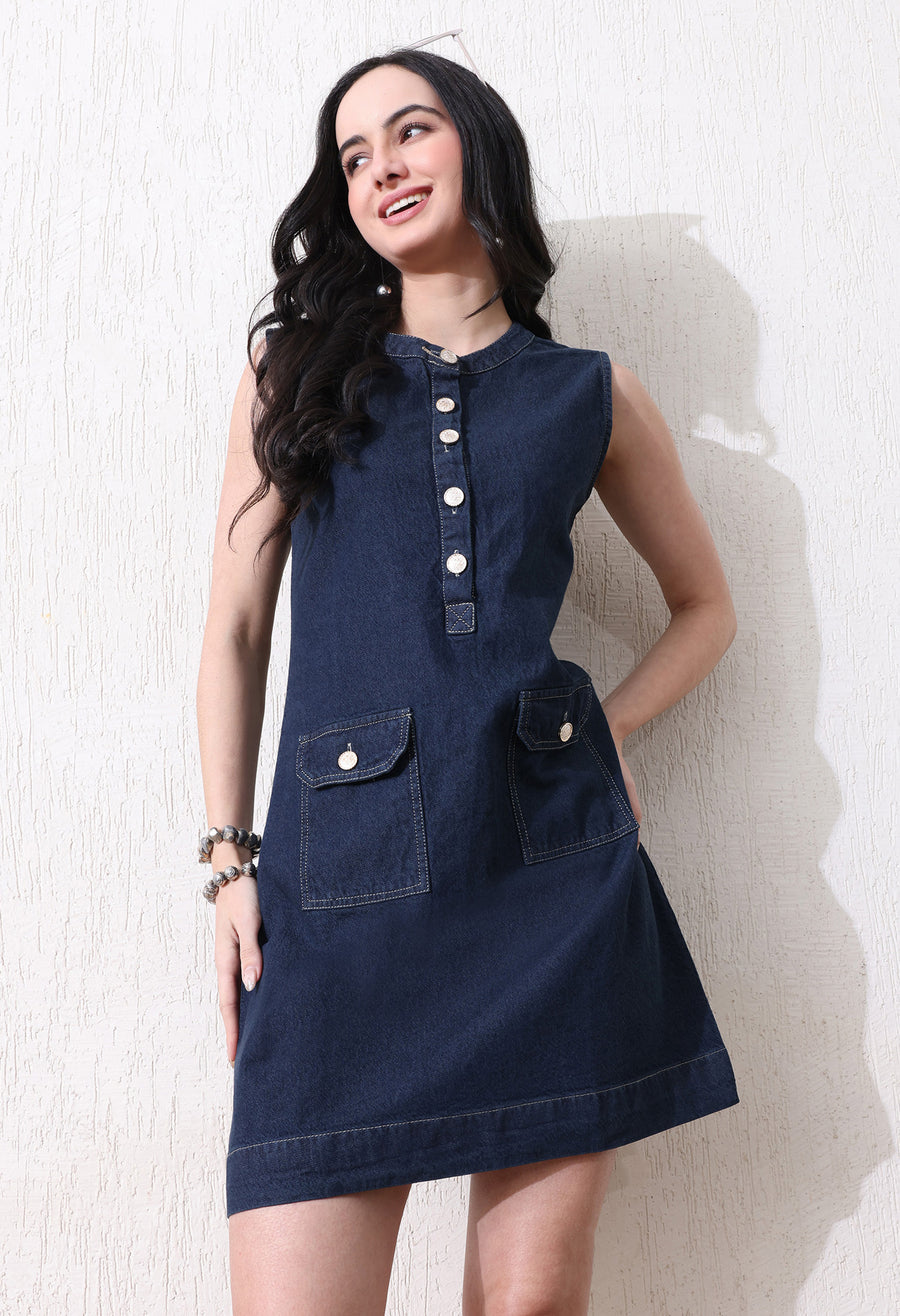 The Pocket Edit Denim Midi – Navy Blue Denim Jeans Detail View – Glossia Fashion