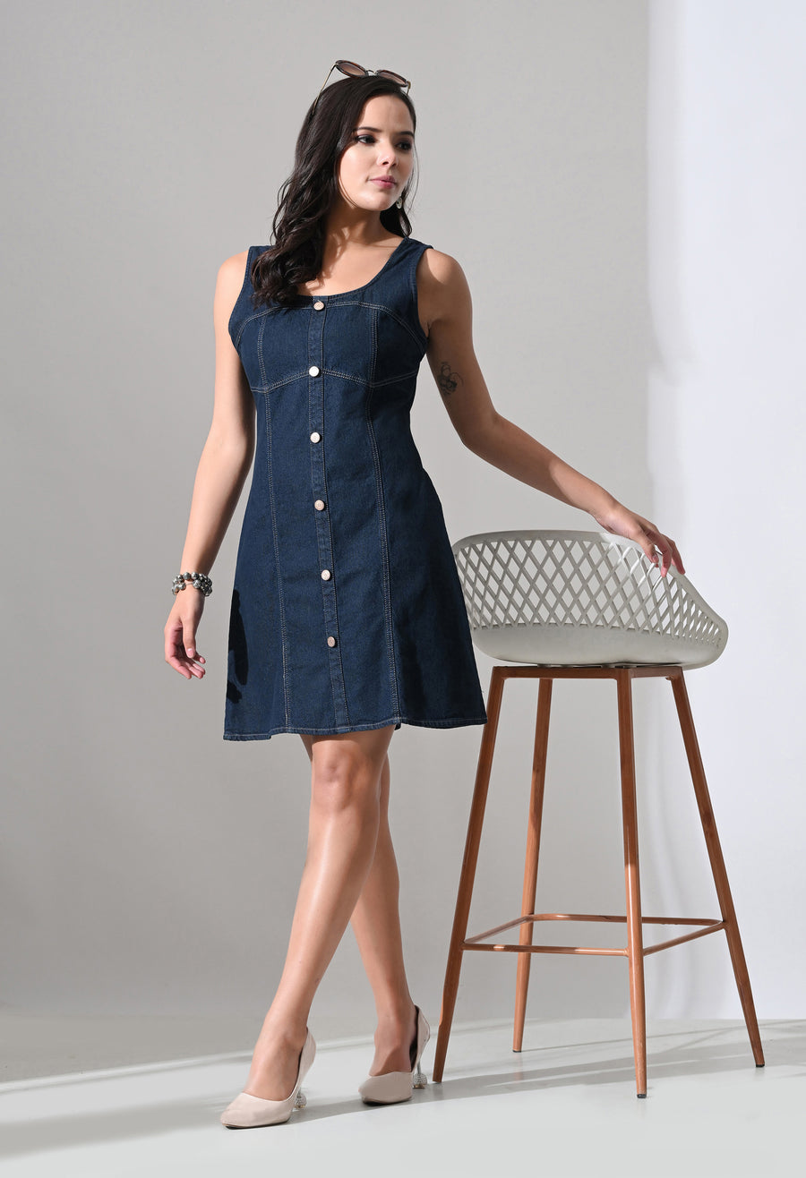 Sapphire Curve Denim Dress – Navy Blue Dress Front View – Glossia Fashion