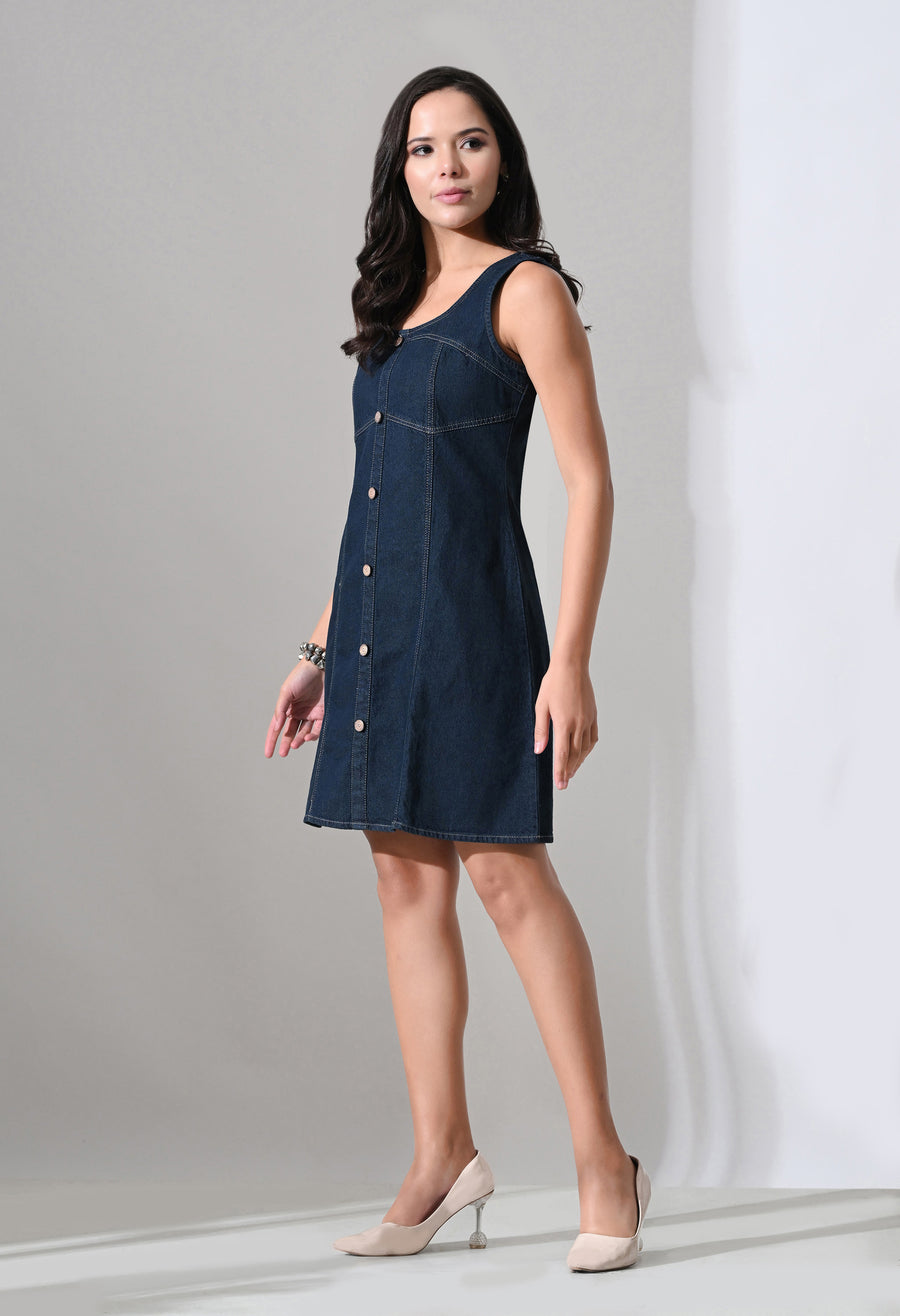 Sapphire Curve Denim Dress – Navy Blue Dress Back View – Glossia Fashion