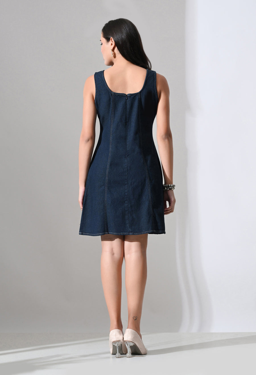 Sapphire Curve Denim Dress – Navy Blue Dress Side View – Glossia Fashion