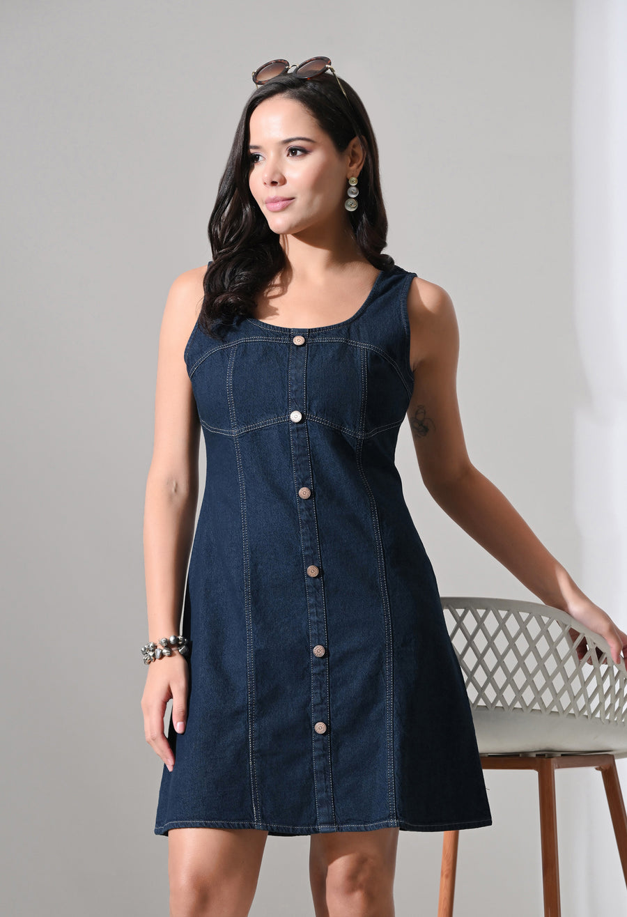 Sapphire Curve Denim Dress – Navy Blue Dress Detail View – Glossia Fashion