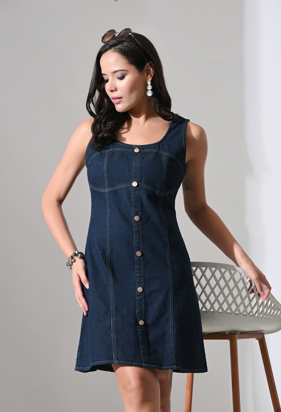 Sapphire Curve Denim Dress – Navy Blue Dress Model View – Glossia Fashion