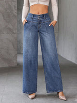 Shadow Luxe Wide-Legs – Blue Wide-Leg Jeans Front View – Glossia Fashion