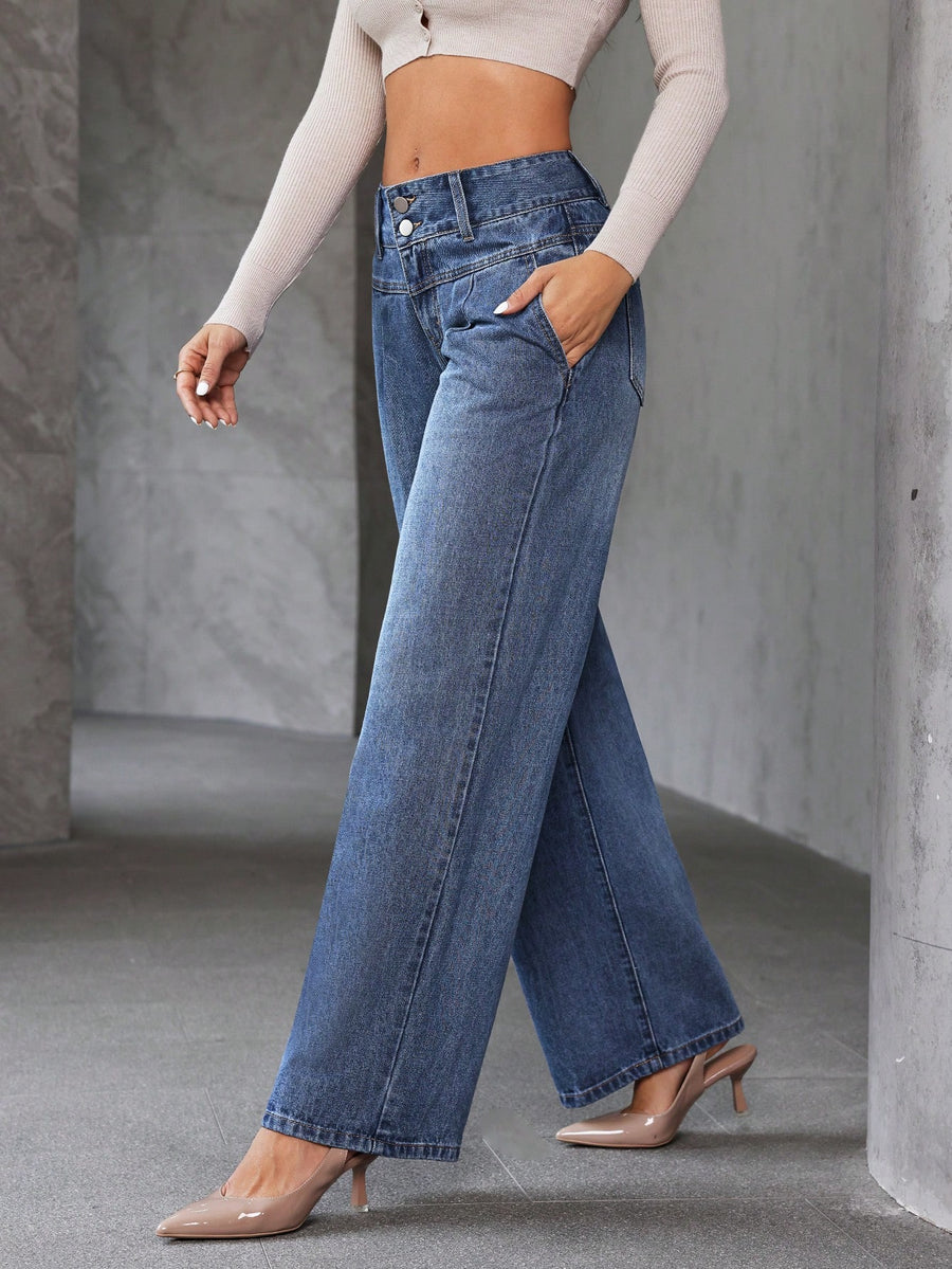 Shadow Luxe Wide-Legs – Blue Wide-Leg Jeans Detail View – Glossia Fashion