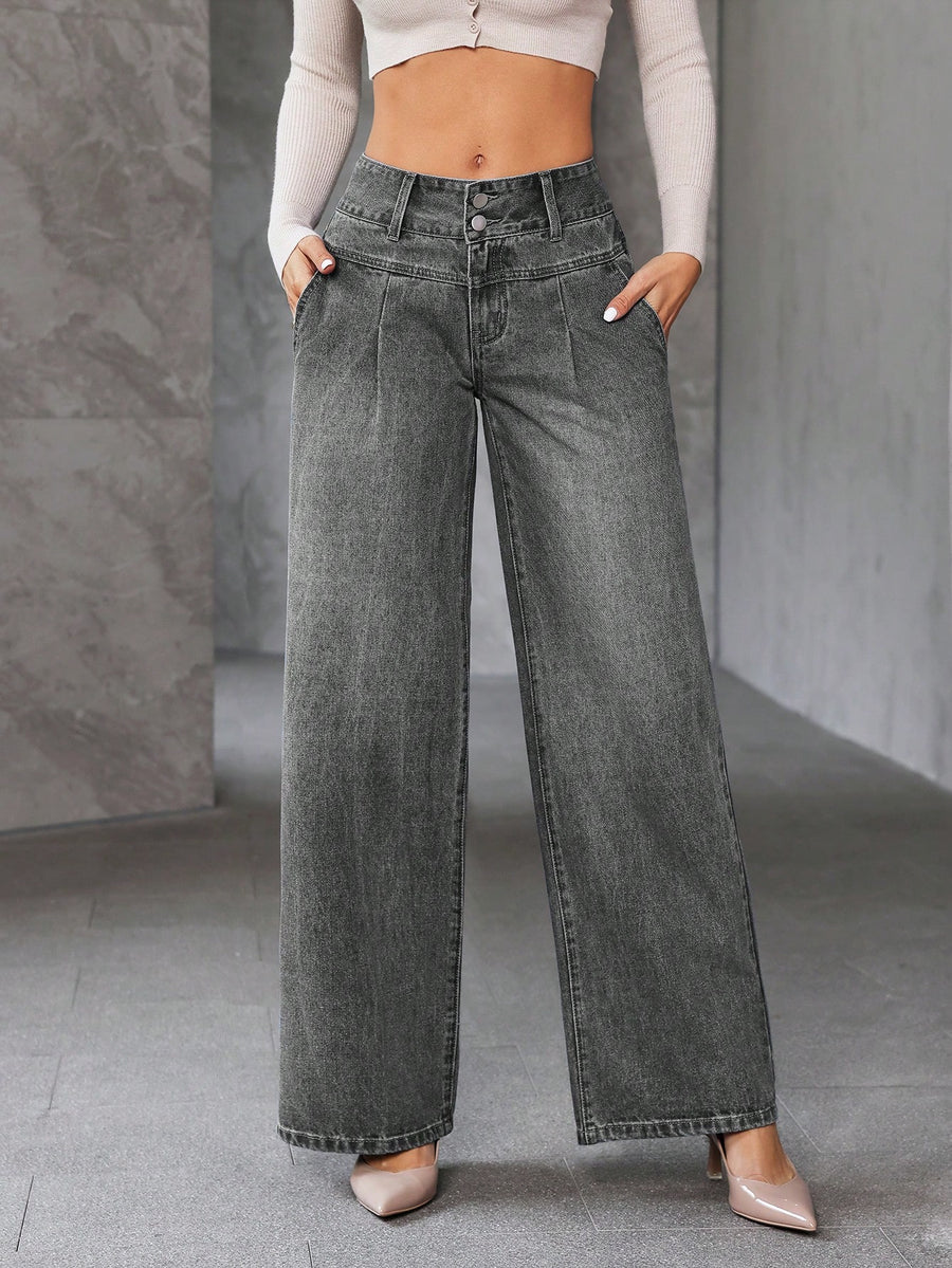 Power Curve Wide-Legs – Grey Wide-Leg Jeans Front View – Glossia Fashion