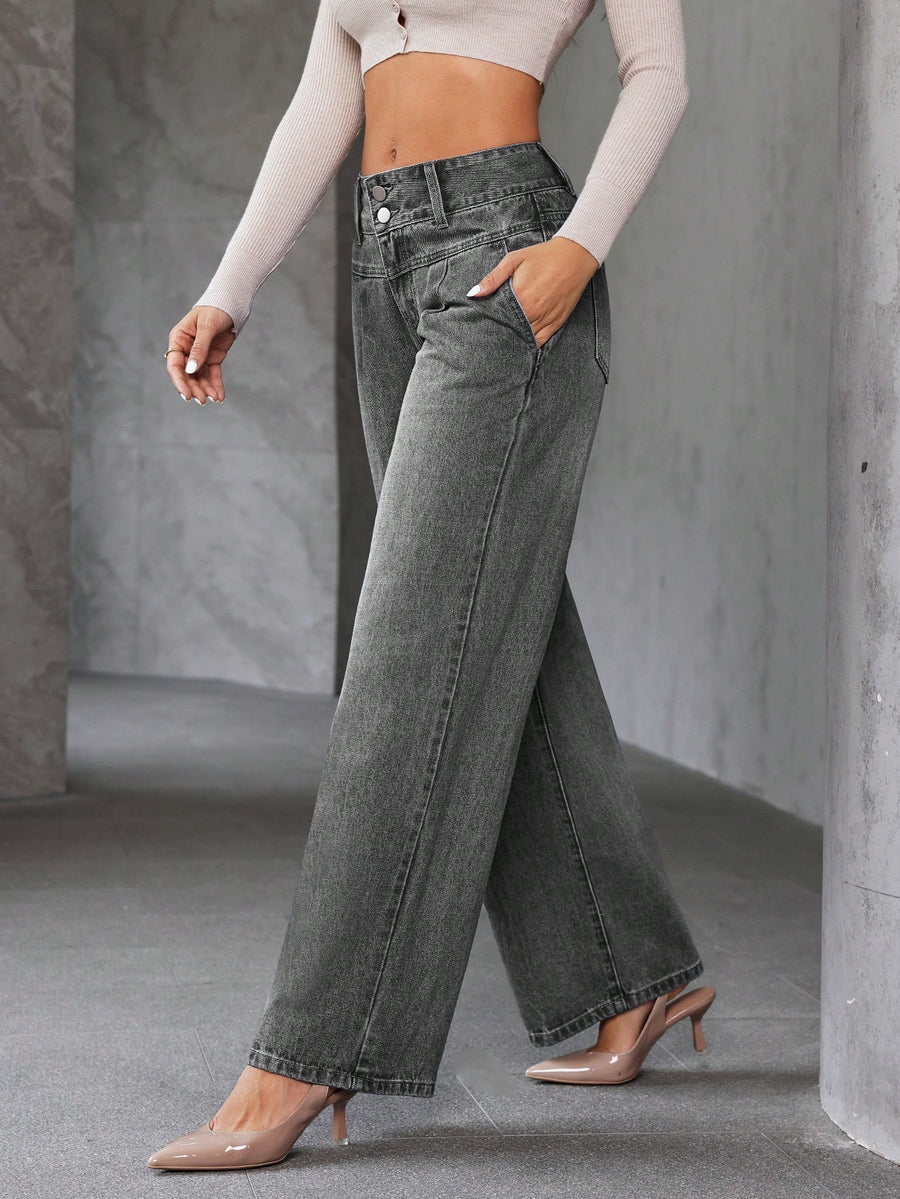 Power Curve Wide-Legs – Grey Wide-Leg Jeans Side View – Glossia Fashion