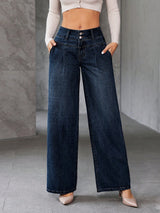 Shadow Luxe Wide Legs – Navy Blue Wide-Leg Jeans Front View – Glossia Fashion