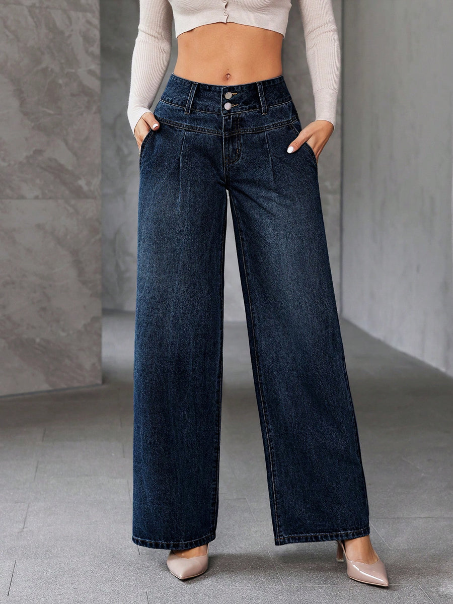 Shadow Luxe Wide Legs – Navy Blue Wide-Leg Jeans Front View – Glossia Fashion