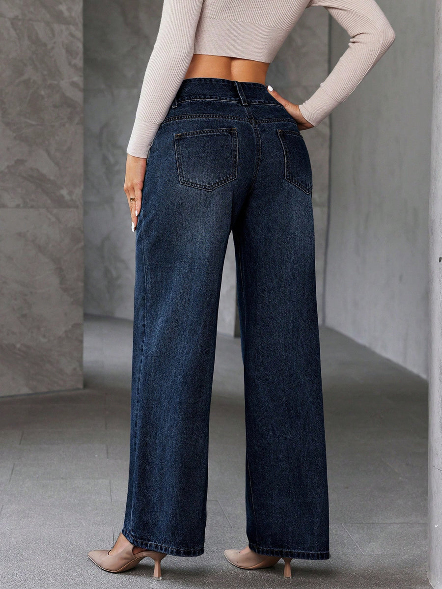 Shadow Luxe Wide Legs – Navy Blue Wide-Leg Jeans Side View – Glossia Fashion
