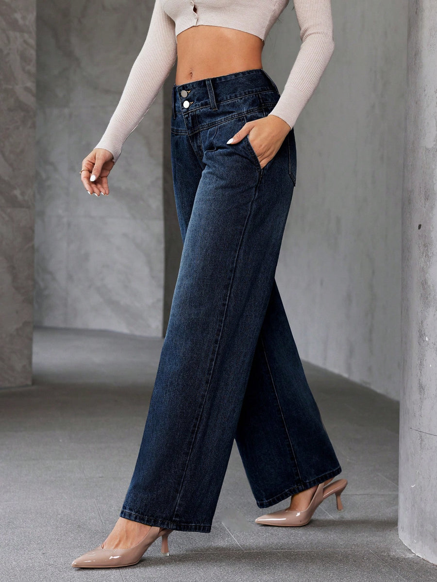 Shadow Luxe Wide Legs – Navy Blue Wide-Leg Jeans Style View – Glossia Fashion