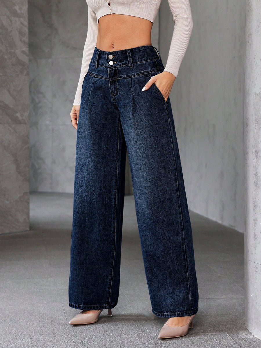 Shadow Luxe Wide Legs – Navy Blue Wide-Leg Jeans Detail View – Glossia Fashion