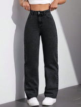 Dark Drift Straight Fit Denim – High Rise Straight Fit Jeans Front View – Glossia Fashion