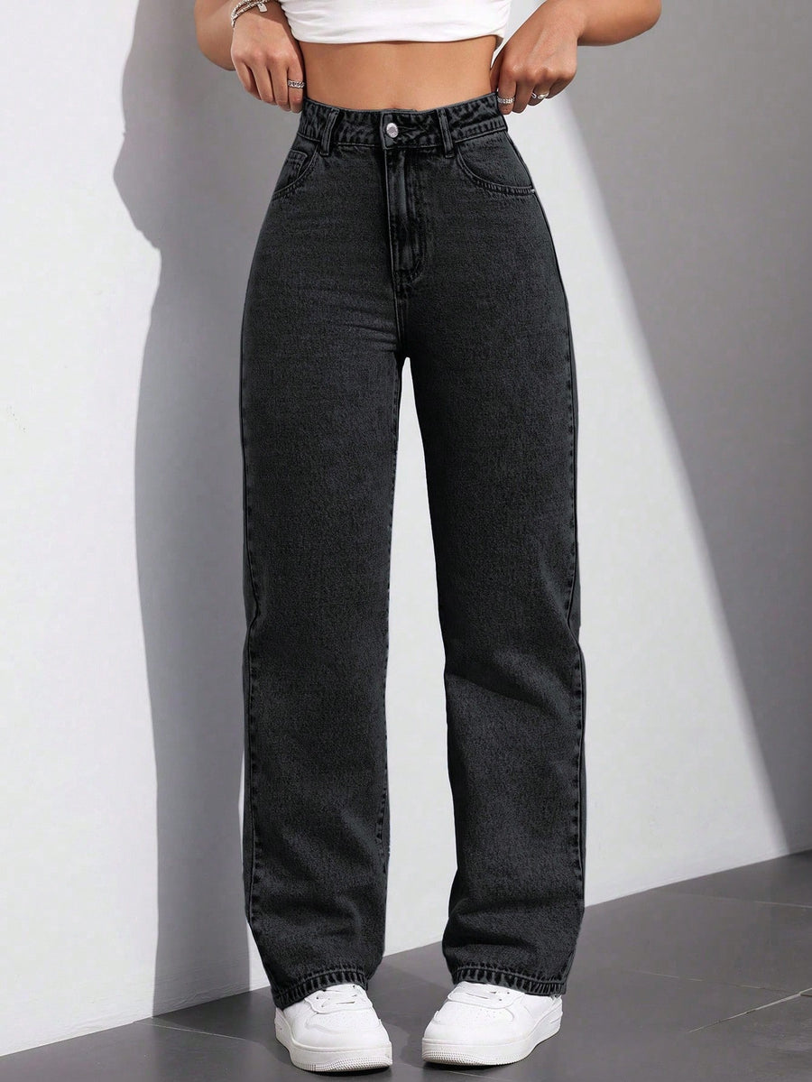 Dark Drift Straight Fit Denim – High Rise Straight Fit Jeans Front View – Glossia Fashion