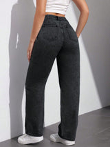 Dark Drift Straight Fit Denim – High Rise Straight Fit Jeans Back View – Glossia Fashion