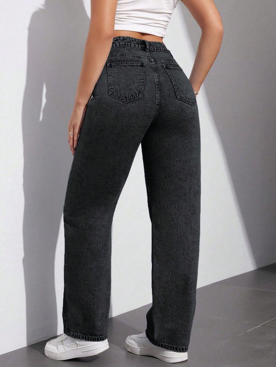 Dark Drift Straight Fit Denim – High Rise Straight Fit Jeans Back View – Glossia Fashion