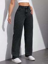 Dark Drift Straight Fit Denim – High Rise Straight Fit Jeans Style View – Glossia Fashion