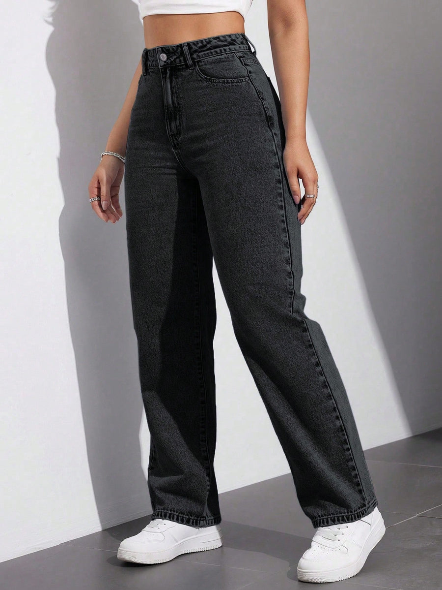 Dark Drift Straight Fit Denim – High Rise Straight Fit Jeans Detail View – Glossia Fashion