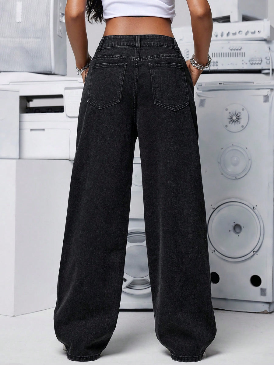 Dark Ember Straight Fit Jeans – High Rise Straight Fit Jeans Back View – Glossia Fashion