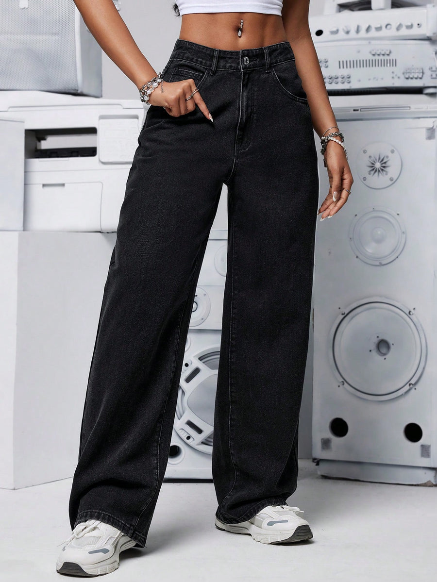 Dark Ember Straight Fit Jeans – High Rise Straight Fit Jeans Detail View – Glossia Fashion