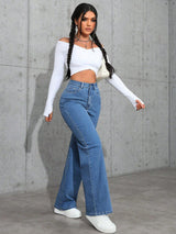 Snug Curve Stretch Jeans – High Rise Straight Fit Jeans Back View – Glossia Fashion