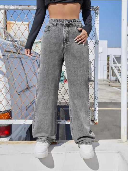 Grey Stonewash High Rise Straight Fit Boyfriend Jeans