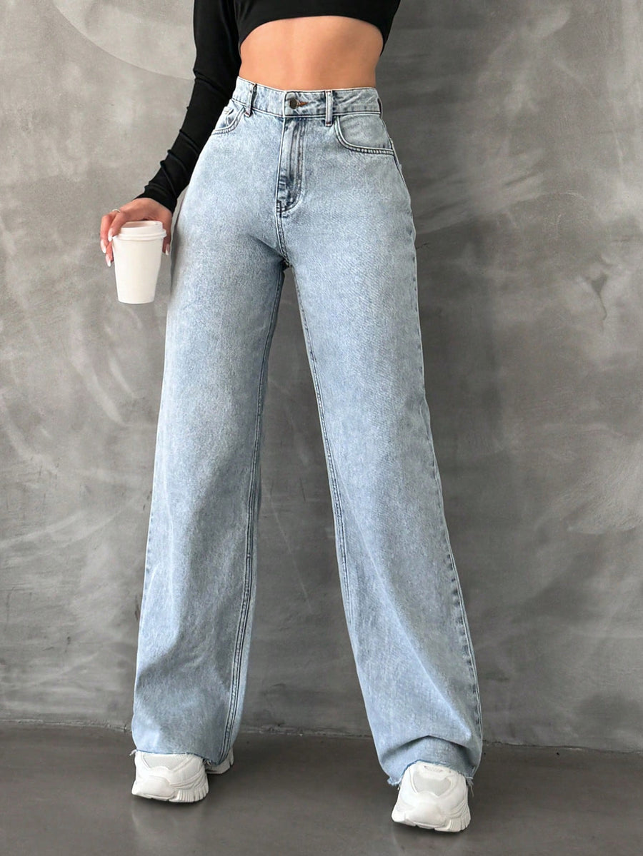 GlowUp Straight Fit High Rise Jeans – High Rise Straight Fit Jeans Front View – Glossia Fashion