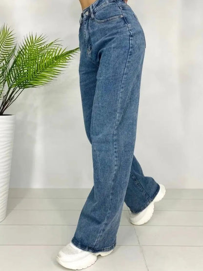 Navy Blue Stonewash High Rise Straight Fit Boyfriend Jeans