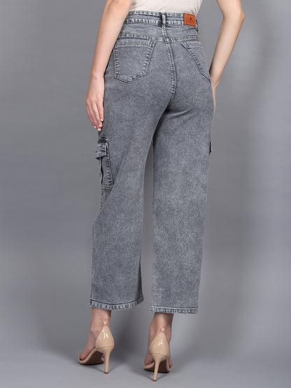 Grey Cargo Jeans For Women High Waist Straight Fit Stretchable Denim - 1215
